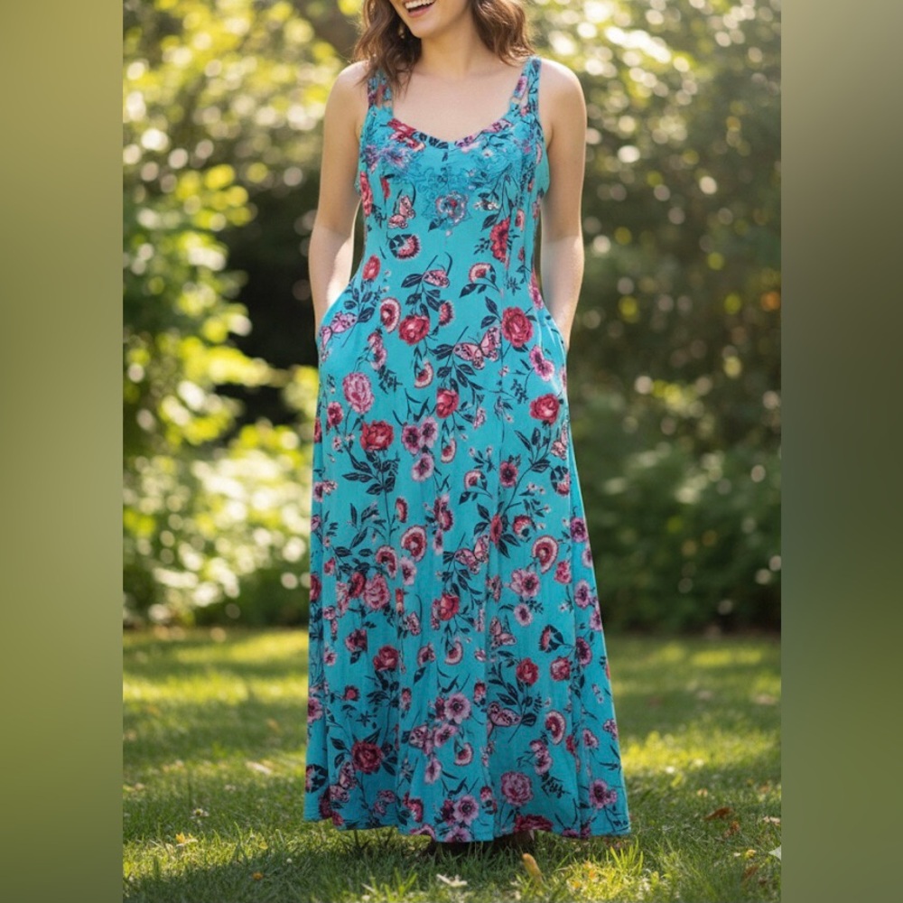 Torrid Floral Maxi Sz 00X Pockets Turquoise Embroidered Summer Boho Cottagecore